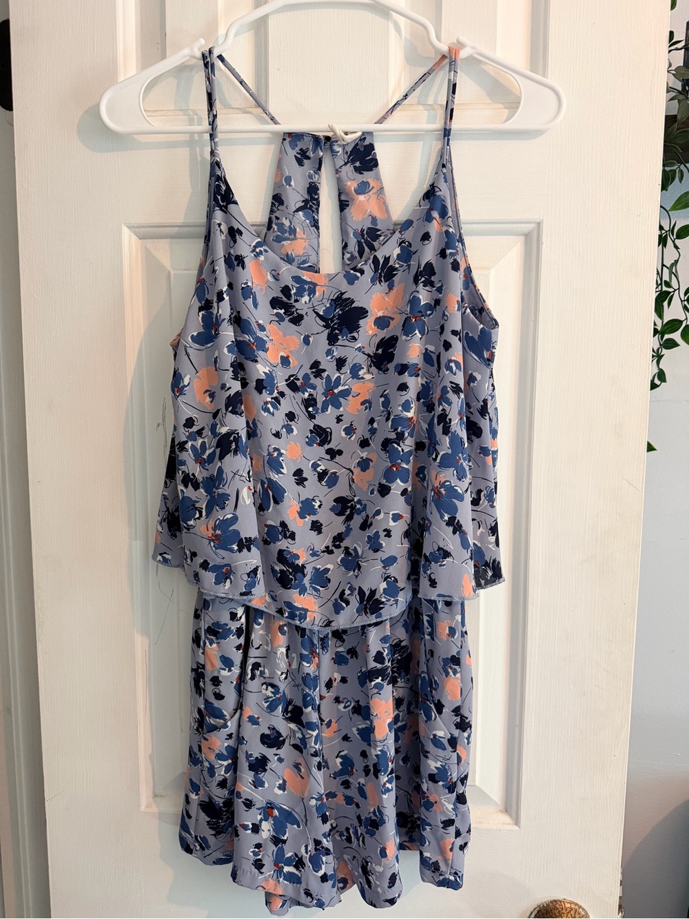 Tyche Blue Floral Layered Romper with Peach Accents